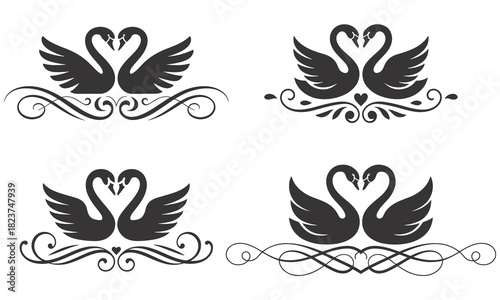 Four elegant black swan silhouettes with decorative flourishes silhouette
