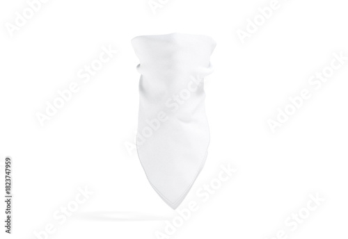 Blank white bandana neck wrap mockup, png, transparent background, 3d rendering. Empty fabric tied balaclava for western protection mock up, cut out.