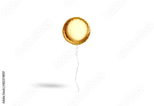 Blank gold round balloon flying mockup, png, transparent background, 3d rendering. Empty circle decor levitation balone with ribbon mock up, cut out.