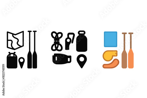 Minimalist Whitewater Gear Icons. Linear minimalistic whitewater icon: river map, oar set, rescue rope, dry bag, safety whistle,