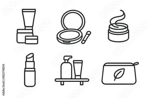 Zero-Waste Makeup Icons. Line style icons of zero-waste makeup routines: minimal product stack, refillable compact set, multitask