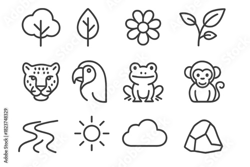 Biodiversity Icons Collection. Line style icons of Biodiversity Hotspots: Tree, Leaf, Flower, Vine; Jaguar, Macaw, Frog, Monkey;