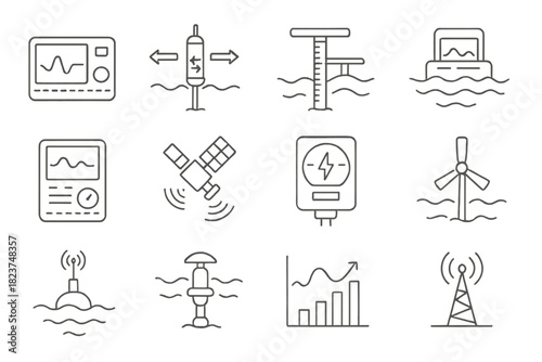 Ocean Energy Monitoring. Line style icons of Ocean Energy Monitoring: data logger, current sensor, tidal gauge, wave recorder;