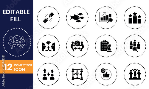 Business Competition & Strategy Icon Set – Growth, Leadership, Analysis, Teamwork & Finance Filled Line Icons