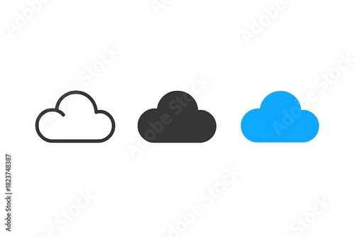 Cloud Icons Trio. Minimalist cloud classification icon: three identical cloud type diagrams in a row, first in line style with
