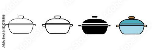 Set of minimalist cooking pot icons with transparent background, depicting kitchenware, saucepan, stewpot, and food preparation tools, vector illustration