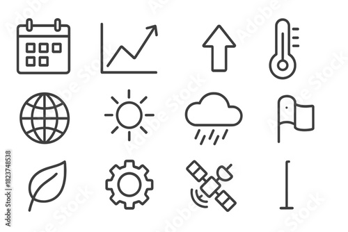 Future Prediction Icons. Line style icons of Future Predictions: Calendar, Graph, Arrow, Thermometer; Globe, Sun, Cloud, Rain;