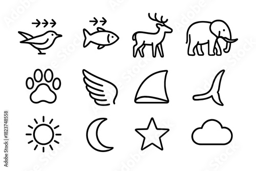 Animal Migration Icons. Line style icons of Animal Migration: Bird, Fish, Deer, Elephant; Footprint, Wing, Fin, Tail; Sun, Moon,