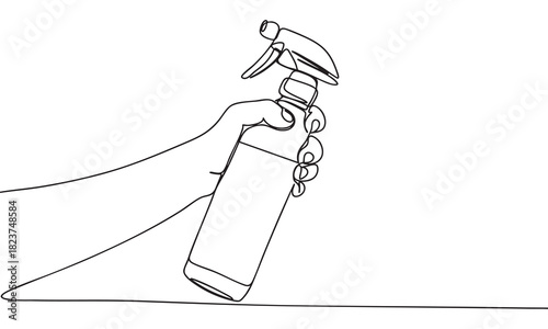 Continuous line drawing of a hand holding a spray bottle