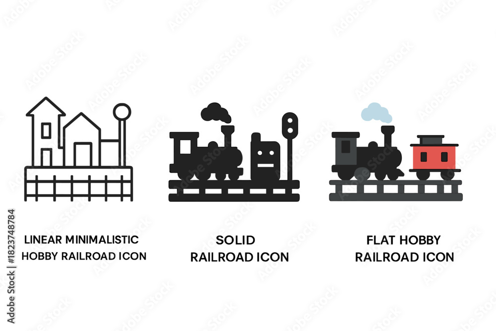 Obraz premium Minimalist Railroad Icon. Linear minimalistic hobby railroad icon: straight track, steam locomotive, caboose, scenery buildings,