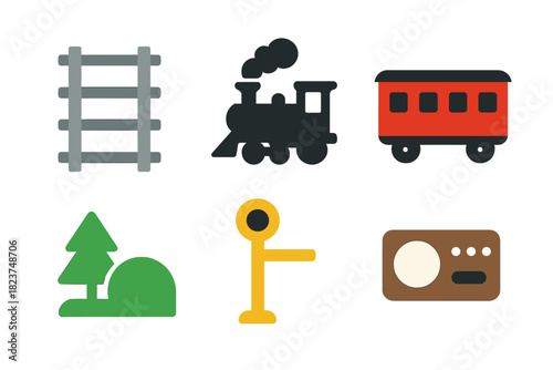 Minimalistic Railroad Icons. Linear minimalistic model railroads icon: track pieces, steam engine, passenger car, scenery kit,