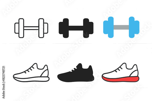 Minimalistic Fitness Icons. Linear minimalistic dumbbell icon: barbell outline with weights, uniform line thickness, no fill,