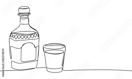 Continuous Line Drawing of Liquor Bottle and Shot Glass