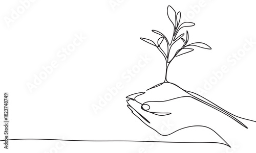 Continuous Line Art Hands Nurturing a Young Plant