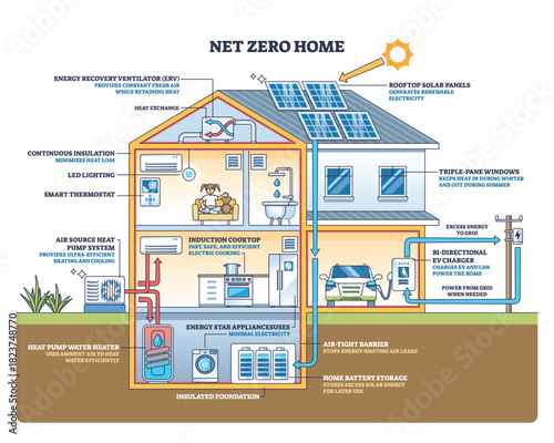 Net zero home schematic showing solar panels, heat pump, and EV charger working together for efficient, grid-balanced living with storage. Outline diagram