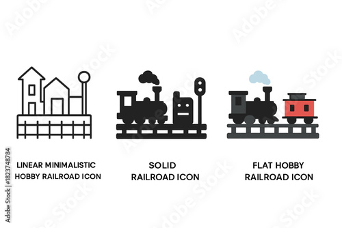 Minimalist Railroad Icon. Linear minimalistic hobby railroad icon: straight track, steam locomotive, caboose, scenery buildings,
