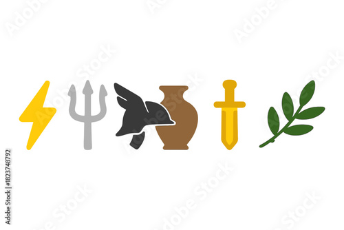 Ancient Gods Icons. Linear minimalistic ancient gods icon: thunderbolt, trident, winged helmet, sacred vase, ritual dagger, olive
