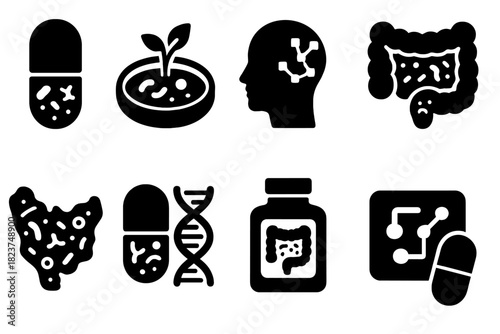 Future of FMT. Solid style icons of future of FMT: synthetic stool capsule, lab-grown flora icon, AI donor selection. Customized