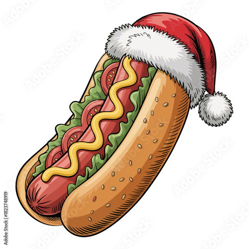 A whimsical hot dog is dressed with various toppings and humorously topped with a Santa hat.