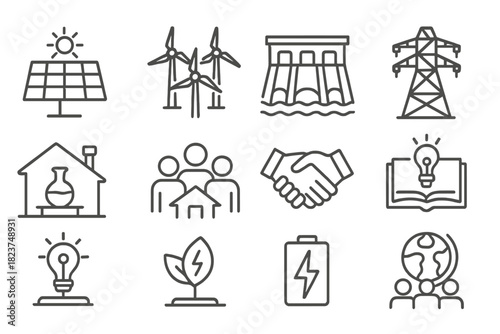 Sustainable Energy Icons. Line style icons of Sustainable Energy Cooperation: solar farm, wind park, hydro station, electric grid;