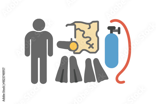Cave Diving Icons. Linear minimalistic cave diving icon: diving suit, underwater light, cave map, oxygen tank, flippers, guide