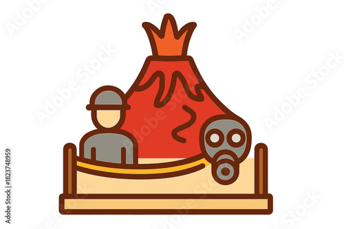 Eruption Observation Icon. Linear minimalistic eruption viewing icon: observation deck, lava zones, protective helmet, guide post,