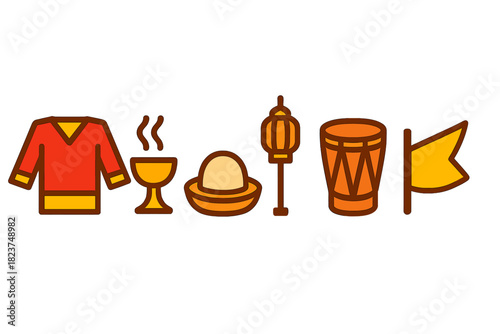 Heritage Celebration Icons. Linear minimalistic heritage celebration icon: festival costume, incense burner, local dish, lantern