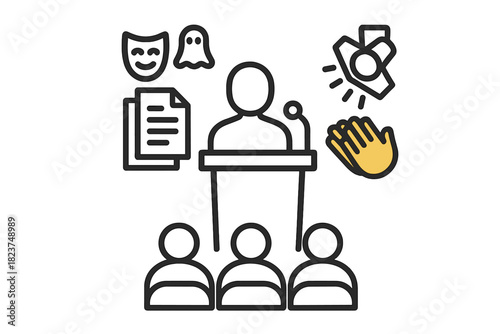 Live Narration Icons. Linear minimalistic live narration icon: storyteller podium, script pages, genre icons, clapping hands,