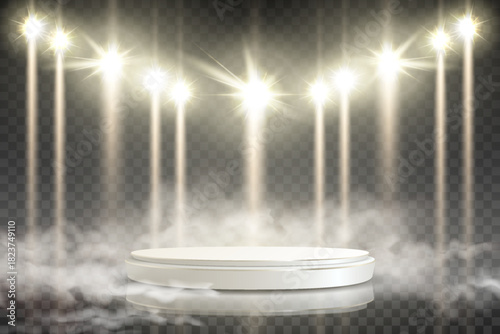 A round podium, an empty stage, smoke, lighting, and fog.