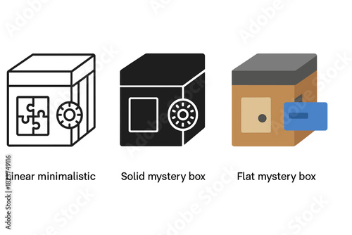 Mystery Box Icons. Linear minimalistic mystery box icon: concealed latch, sliding panel, hidden compartment, combination dial,