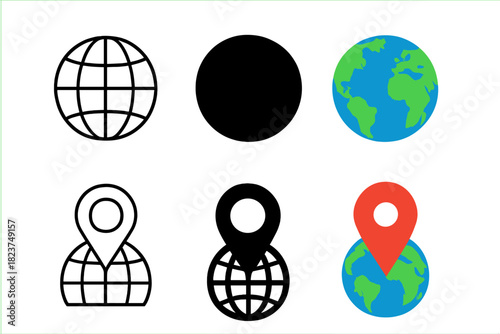 Minimalist Globe Icons. Linear minimalistic world globe icon: globe outline with meridians, uniform line thickness, no fill, Solid