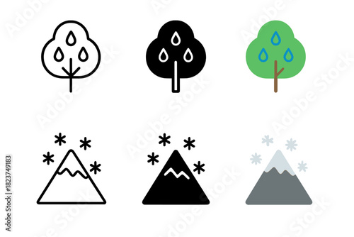 Rain and Snow Icons. Linear minimalistic rain tree icon: tree outline with drops, uniform line thickness, no fill, Solid rain tree