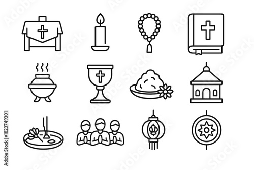 Religious Feast Icons. Line style icons of Religious Feasts: altar, candle, prayer beads, sacred book; incense, chalice, ritual
