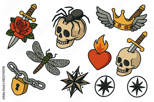 Tattoo Symbolism Elements. Isometric vector illustration set of Tattoo symbolism: dagger and rose cross, spider crawling on skull,