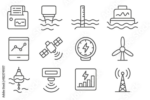 Ocean Energy Monitoring. Line style icons of Ocean Energy Monitoring: data logger, current sensor, tidal gauge, wave recorder;
