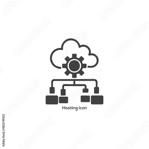Cloud Hosting Network Icon with Gear, Distributed Server Infrastructure Symbol for Web Services, SaaS, Data Center Technology Design Concept


