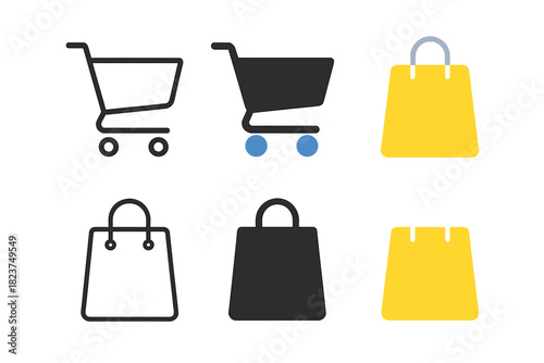 Minimalistic Shopping Icons. Linear minimalistic shopping cart icon: cart outline with wheels, uniform line thickness, no fill,