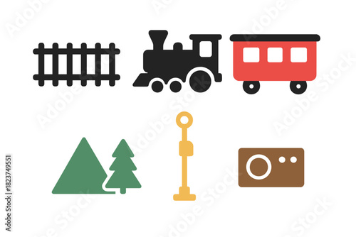 Minimalistic Railroad Icons. Linear minimalistic model railroads icon: track pieces, steam engine, passenger car, scenery kit,