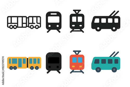 Transport Icons Collection. Linear minimalistic bus and train icon: articulated bus, commuter train, tram, trolley, shuttle,