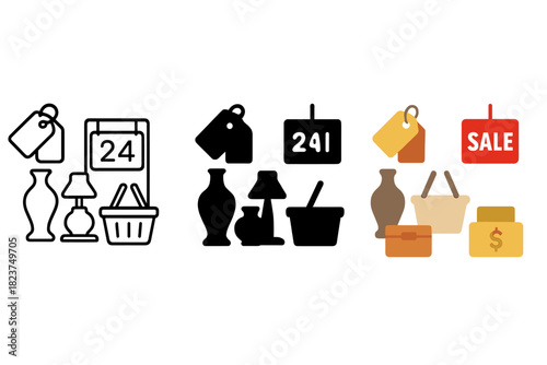 Flea Market Icons. Linear minimalistic flea markets icon: price tags, vintage goods, booth numbers, shopping basket, hanging signs
