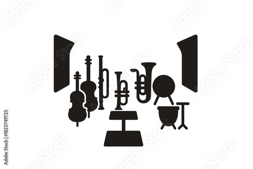Orchestral Arrangement Icons. Linear minimalistic orchestral arrangement icon: string instruments, woodwind section, brass,