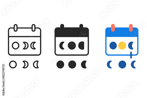 Lunar Calendar Icons. Linear minimalistic lunar calendar icon: new moon, crescent moon, full moon, waxing gibbous, waning crescent