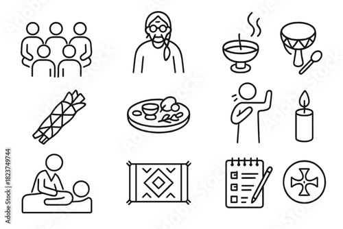 Community Health Rituals Icons. Line style icons of Community Health Rituals: circle gathering, elder figure, drum, smoke ritual;