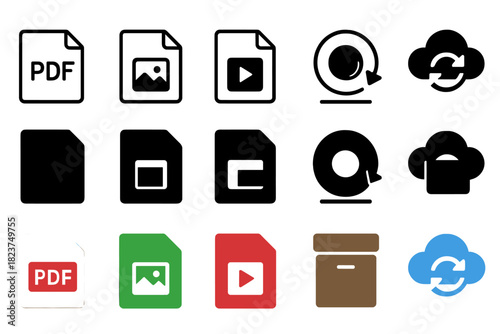 File Management Icons. Linear minimalistic file management icon: PDF file, image file, video file, archive box, backup disk, cloud