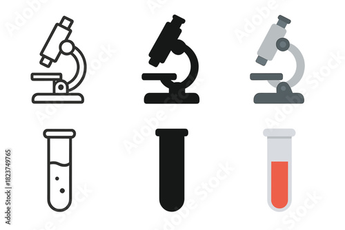 Minimalist Lab Icons. Linear minimalistic microscope icon: microscope outline with stand, uniform line thickness, no fill, Solid