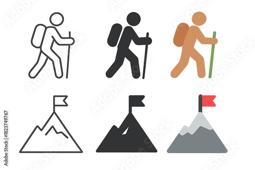 Minimalist Hiking Icons. Linear minimalistic hiking icon: hiker outline with stick, uniform line thickness, no fill, Solid hiking