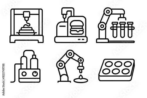 Food Lab Robotics Icons. Line style icons of food lab robots: food printer, synthetic food generator, robotic test tube holder,