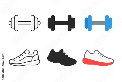Minimalistic Fitness Icons. Linear minimalistic dumbbell icon: barbell outline with weights, uniform line thickness, no fill,