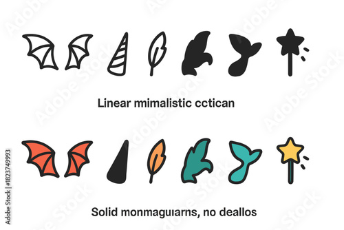 Mythical Creatures Icons. Linear minimalistic mythical creatures icon: dragon wings, unicorn horn, phoenix feather, griffin claw,