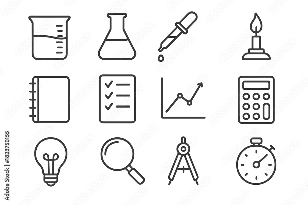Obraz premium Scientific Method Icons. Line style icons of Scientific Method: Beaker, Flask, Pipette, Bunsen Burner; Notebook, Checklist, Graph,